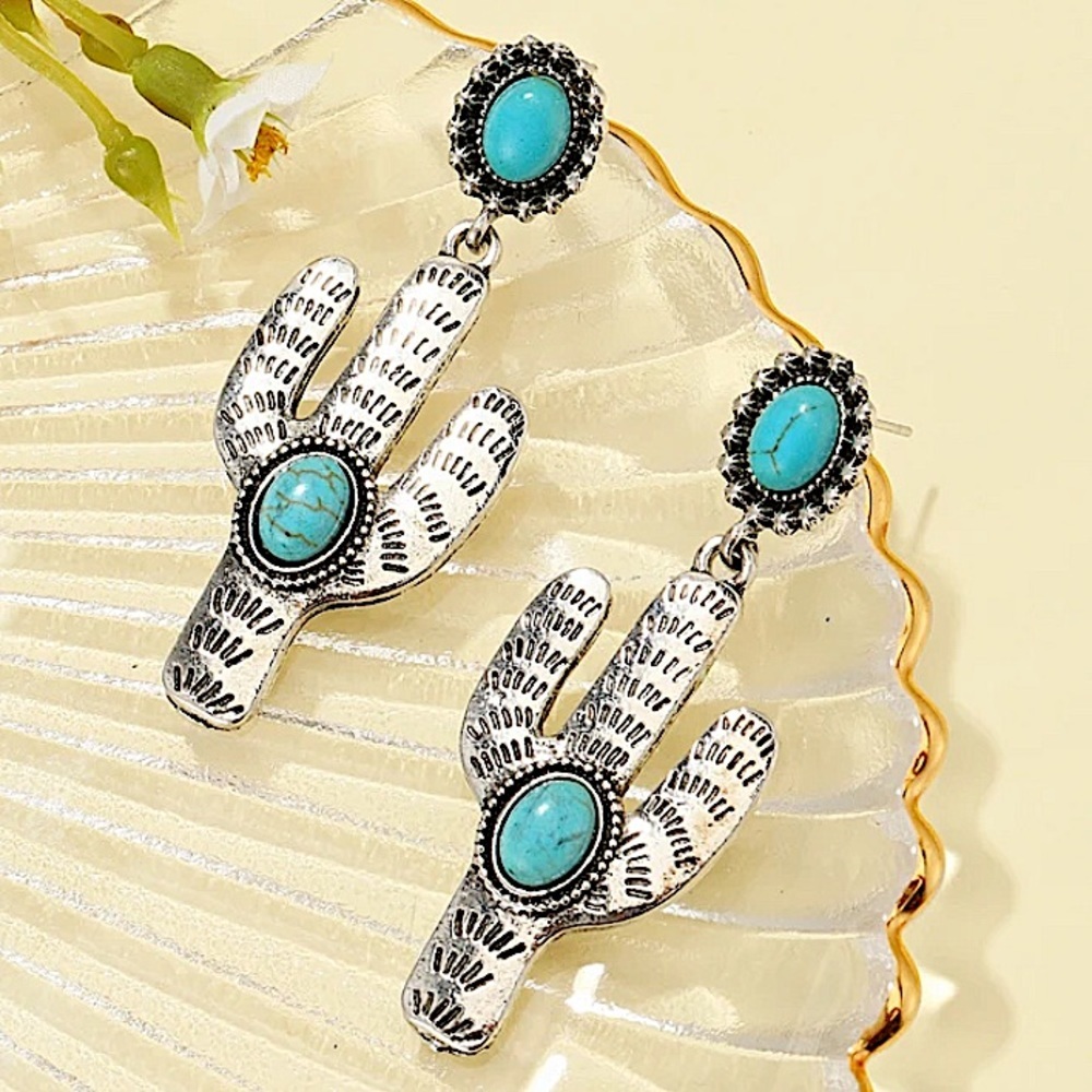 2 FOR $20 SILVER CACTUS TURQUOISE DANGLE EARRINGS